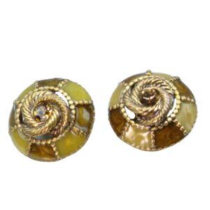 Shades of Brown Enamel Earrings with Love Knot and Crystal Center, Vintage Clip